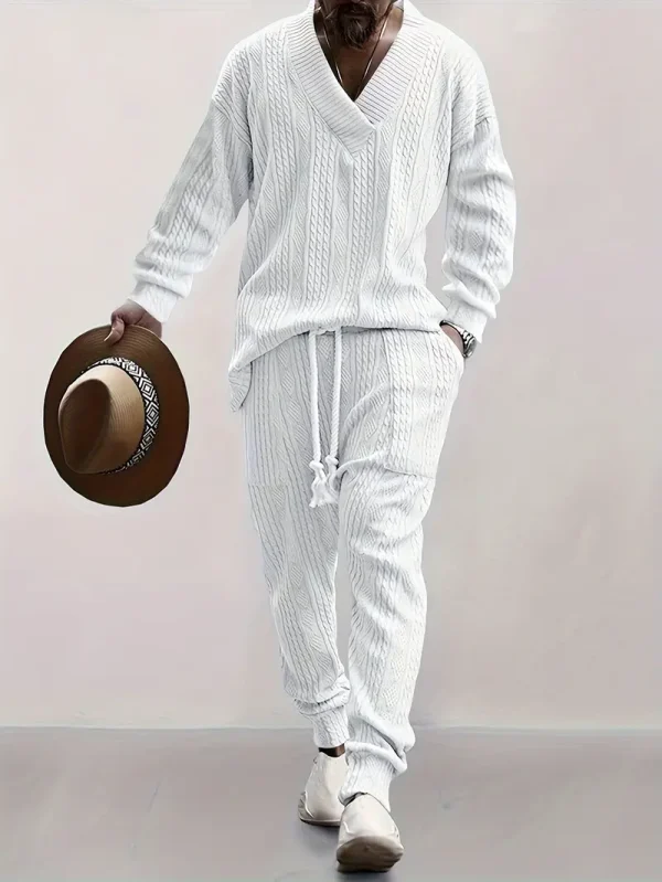 Men's Knitted 2Pcs Outfits, Casual V Neck Shawl Collar Long Sleeve Sweatshirt And Drawstring Sweatpants Joggers Set For Winter Fall, Men's Clothing - Image 5
