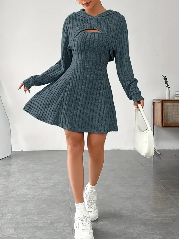 Solid Color Ribbed Dress Set - Young women, casual office workers, and students - Solid color, Hooded, Polyester, Elegant, Knit Fabric - Suitable for Casual Outing, Everyday Wear, Summer Festival - Image 2