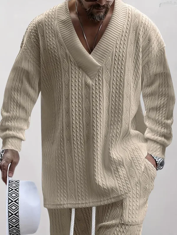 Men's Knitted 2Pcs Outfits, Casual V Neck Shawl Collar Long Sleeve Sweatshirt And Drawstring Sweatpants Joggers Set For Winter Fall, Men's Clothing - Image 3