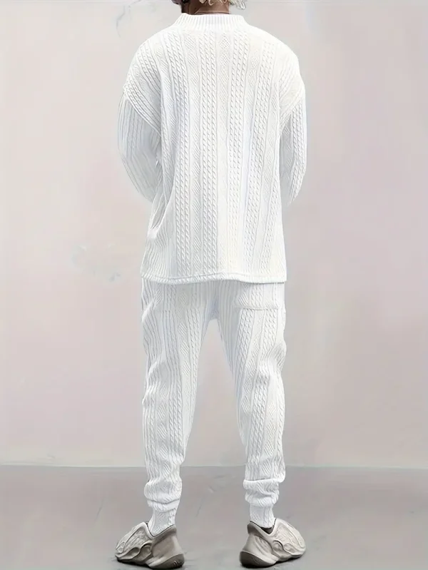 Men's Knitted 2Pcs Outfits, Casual V Neck Shawl Collar Long Sleeve Sweatshirt And Drawstring Sweatpants Joggers Set For Winter Fall, Men's Clothing - Image 4