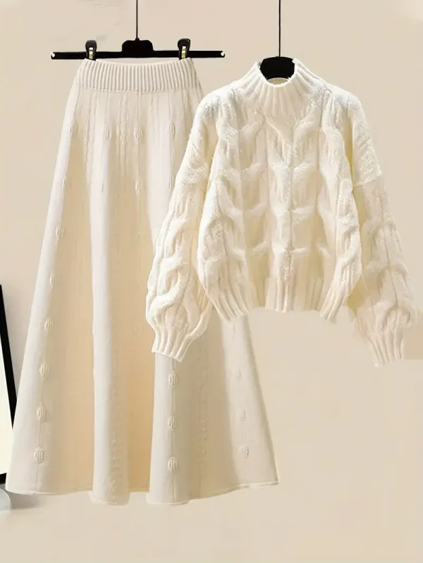 Elegant Knit Sweater & Skirt Set for Women - Casual High Neck, Long Sleeve, Solid Color, Machine Washable