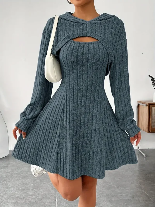 Solid Color Ribbed Dress Set - Young women, casual office workers, and students - Solid color, Hooded, Polyester, Elegant, Knit Fabric - Suitable for Casual Outing, Everyday Wear, Summer Festival