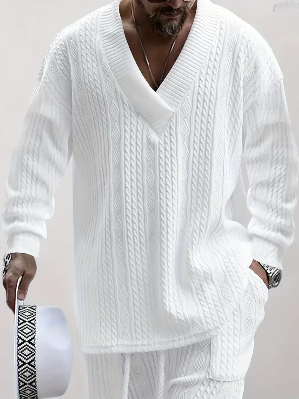 Men's Knitted 2Pcs Outfits, Casual V Neck Shawl Collar Long Sleeve Sweatshirt And Drawstring Sweatpants Joggers Set For Winter Fall, Men's Clothing