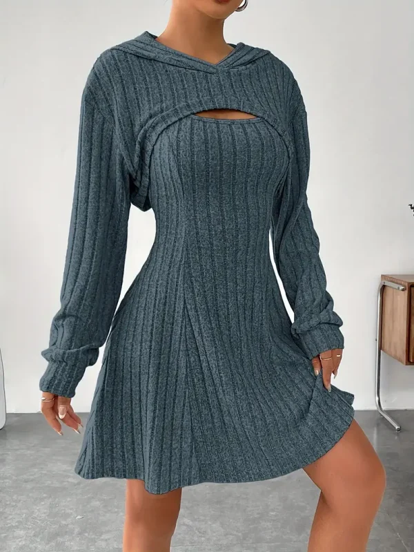 Solid Color Ribbed Dress Set - Young women, casual office workers, and students - Solid color, Hooded, Polyester, Elegant, Knit Fabric - Suitable for Casual Outing, Everyday Wear, Summer Festival - Image 6