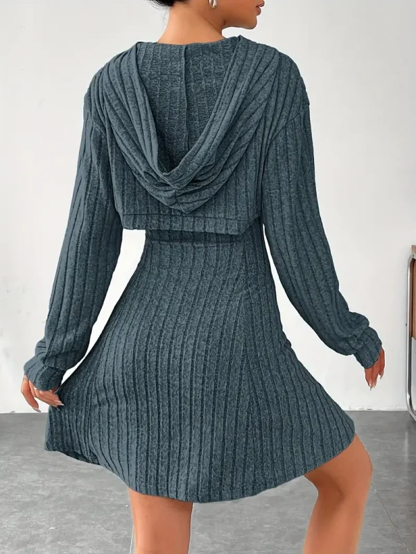 Solid Color Ribbed Dress Set - Young women, casual office workers, and students - Solid color, Hooded, Polyester, Elegant, Knit Fabric - Suitable for Casual Outing, Everyday Wear, Summer Festival - Image 5