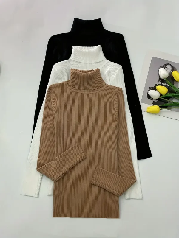 Turtleneck 3 Packs Knitted Pullover Sweater - Women, casual wearers, fall and winter season, middle eastern style enthusiasts - Solid color, High Elasticity, Machine wash or professional dry clean, No Printing, Mixed Color - Suitable for Casual, Fall, Winter - Image 3