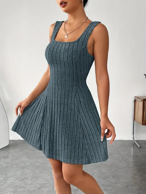 Solid Color Ribbed Dress Set - Young women, casual office workers, and students - Solid color, Hooded, Polyester, Elegant, Knit Fabric - Suitable for Casual Outing, Everyday Wear, Summer Festival - Image 4