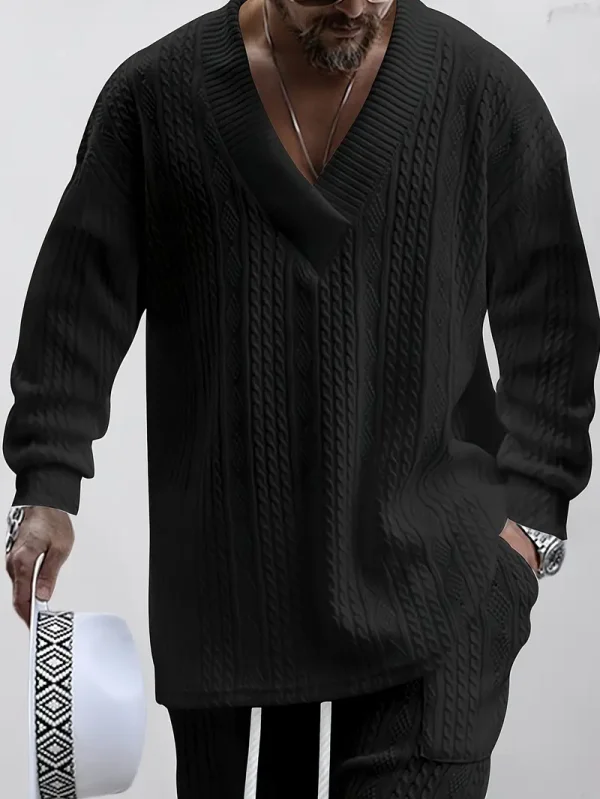 Men's Knitted 2Pcs Outfits, Casual V Neck Shawl Collar Long Sleeve Sweatshirt And Drawstring Sweatpants Joggers Set For Winter Fall, Men's Clothing - Image 2
